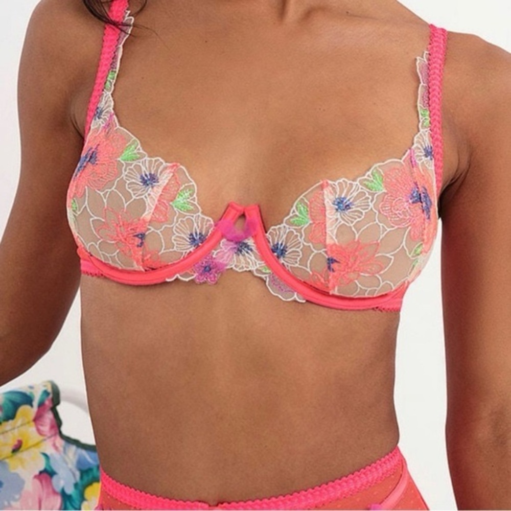 For Love & Lemons Shimmer Zinnia Sheer Underwire Bra Pink Floral 38C‎ NWT